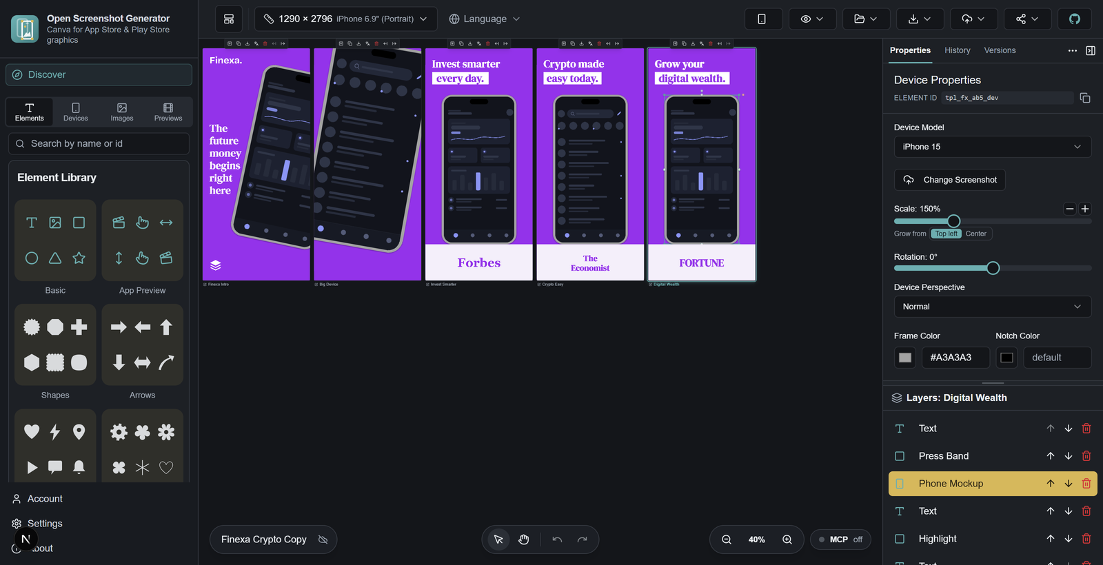 The editor with five purple finance app artboards, an element library, editable layers, and design properties