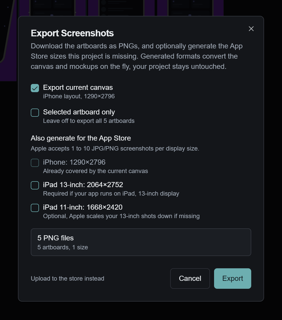 PNG export dialog for the current or selected artboards, with additional iPhone and iPad sizes