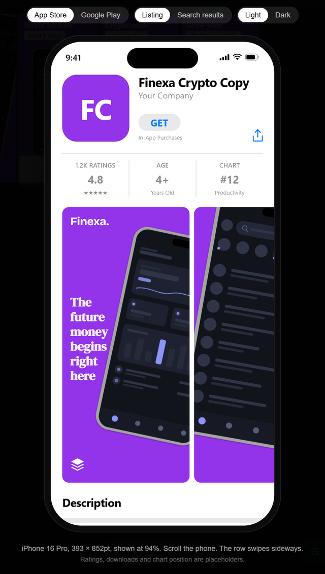 App Store listing preview showing the completed purple screenshot set as a shopper would see it