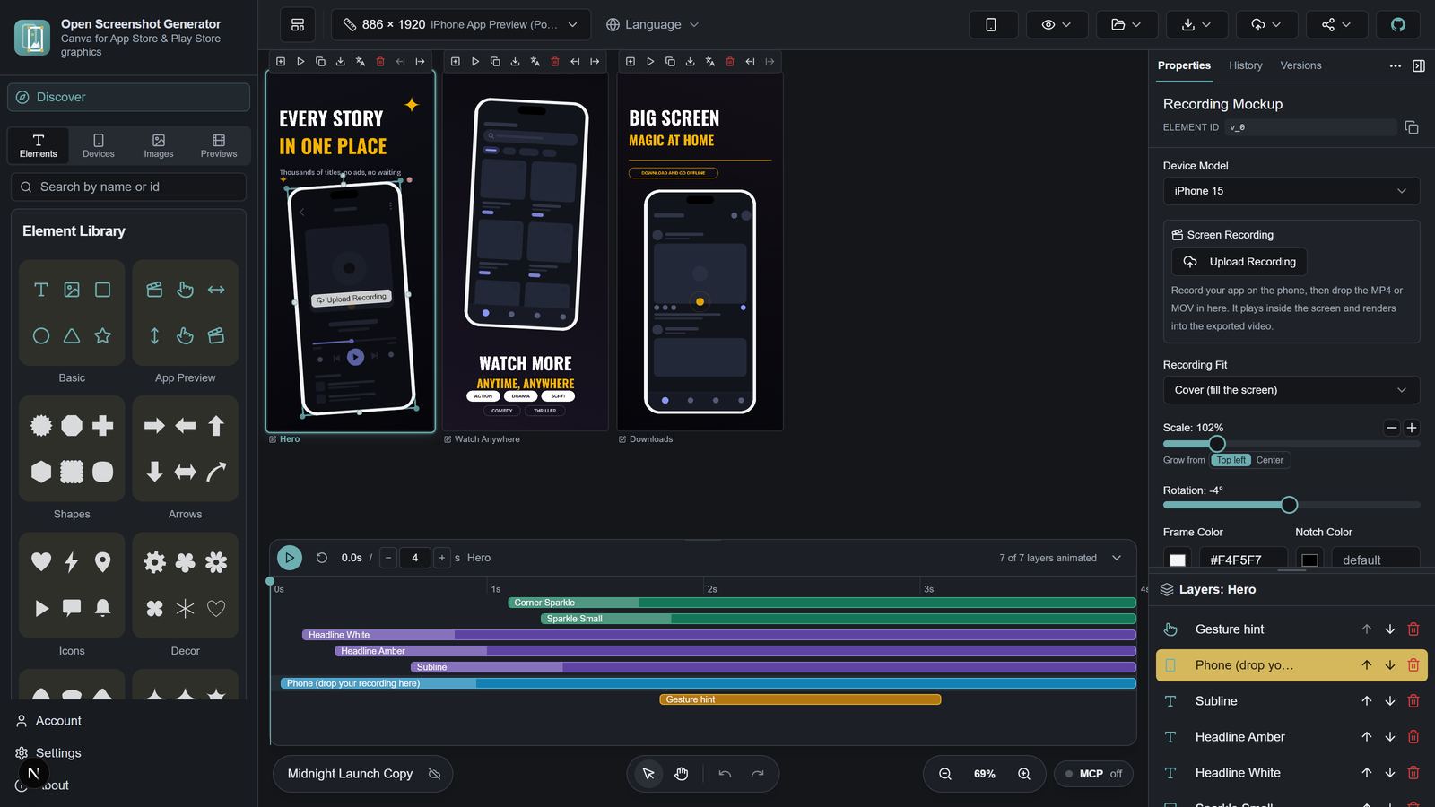 App preview project with three scenes, a multitrack animation timeline, and screen recording controls