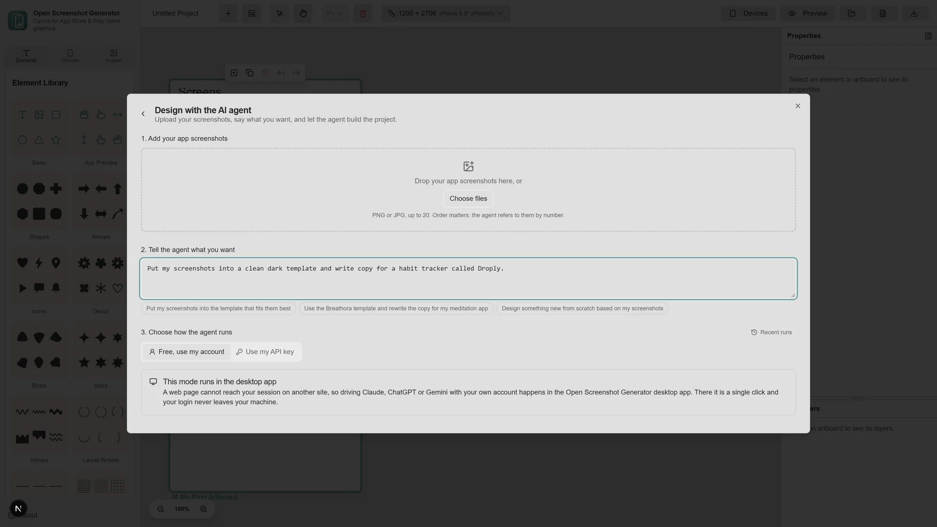 The AI agent dialog, asking for screenshots and a sentence about what to build