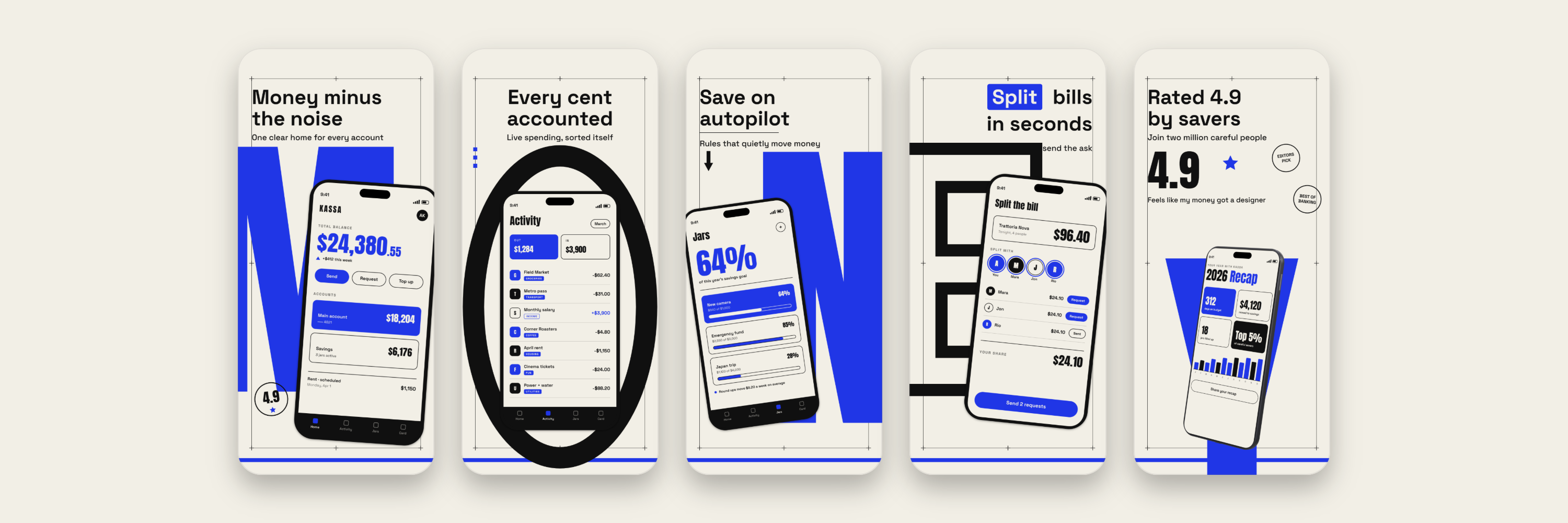 Five editable Kassa finance screenshots from an Open Screenshot Generator template