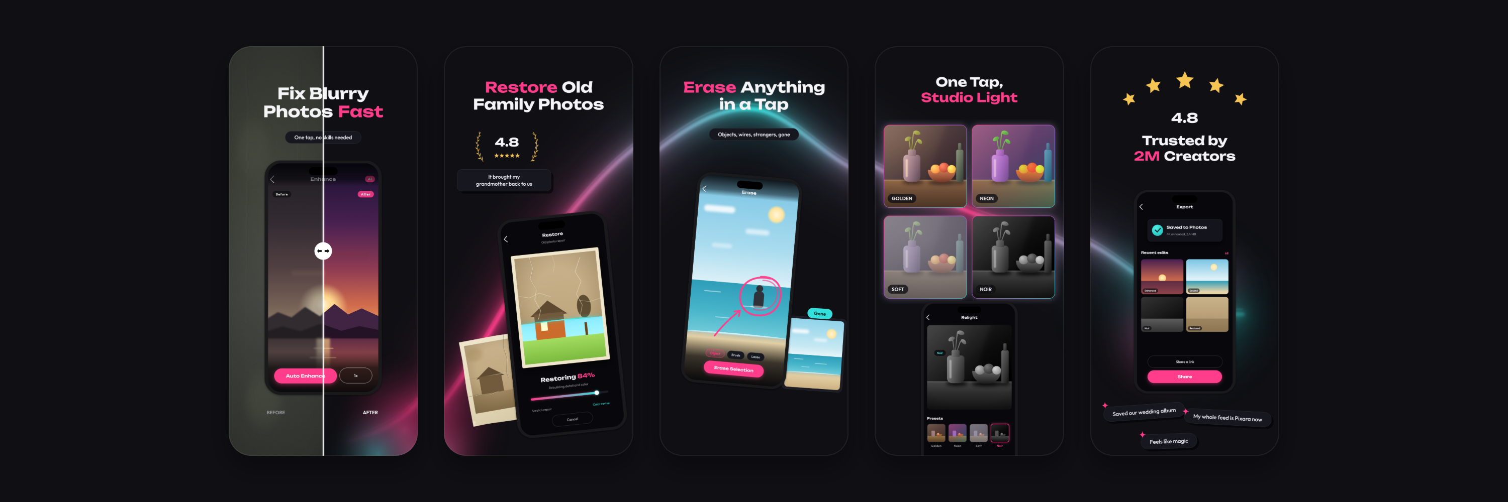 Dark photo editing screenshot template with pink accents