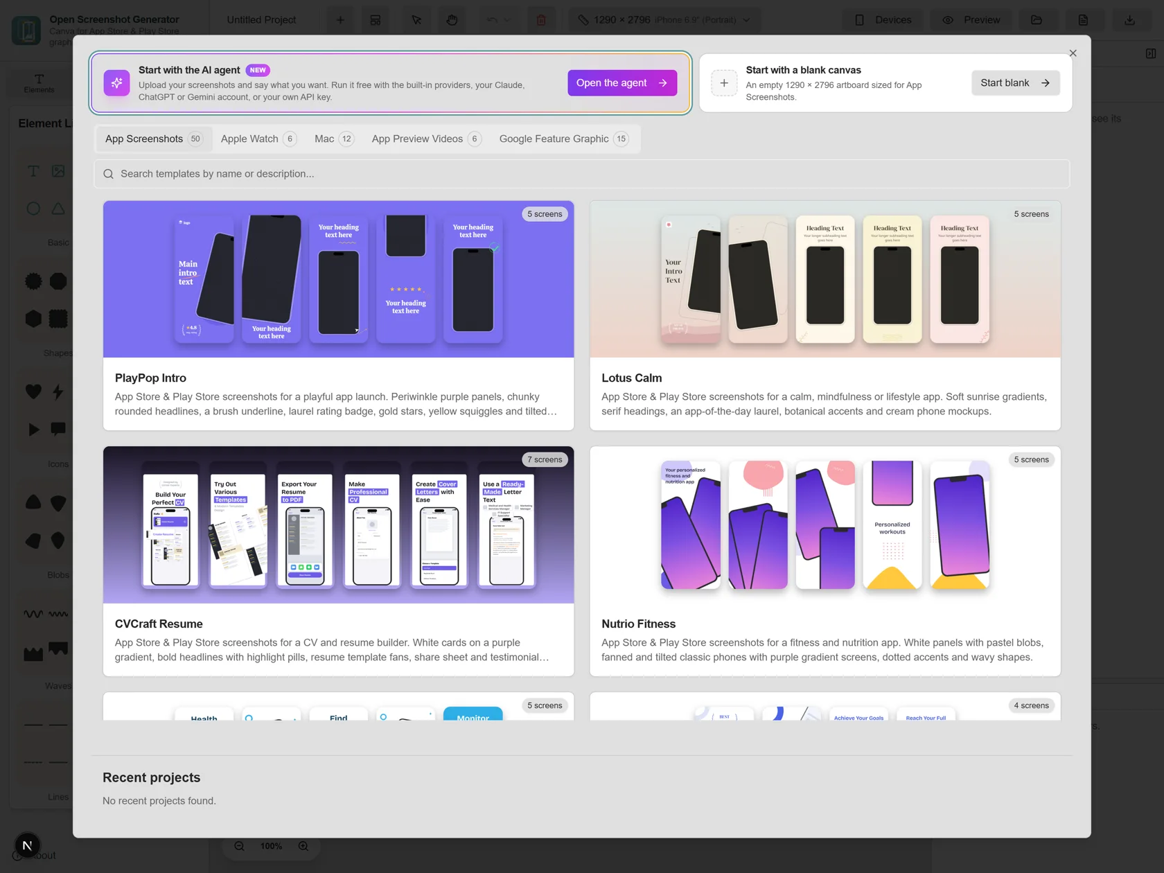 The template gallery, showing screenshot sets for yoga, blogging, breathing and wedding apps