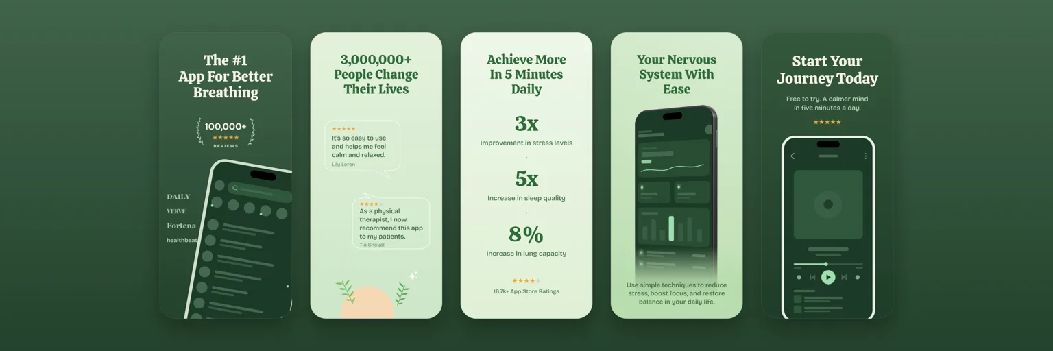 A deep green screenshot set for a breathing and mindfulness app