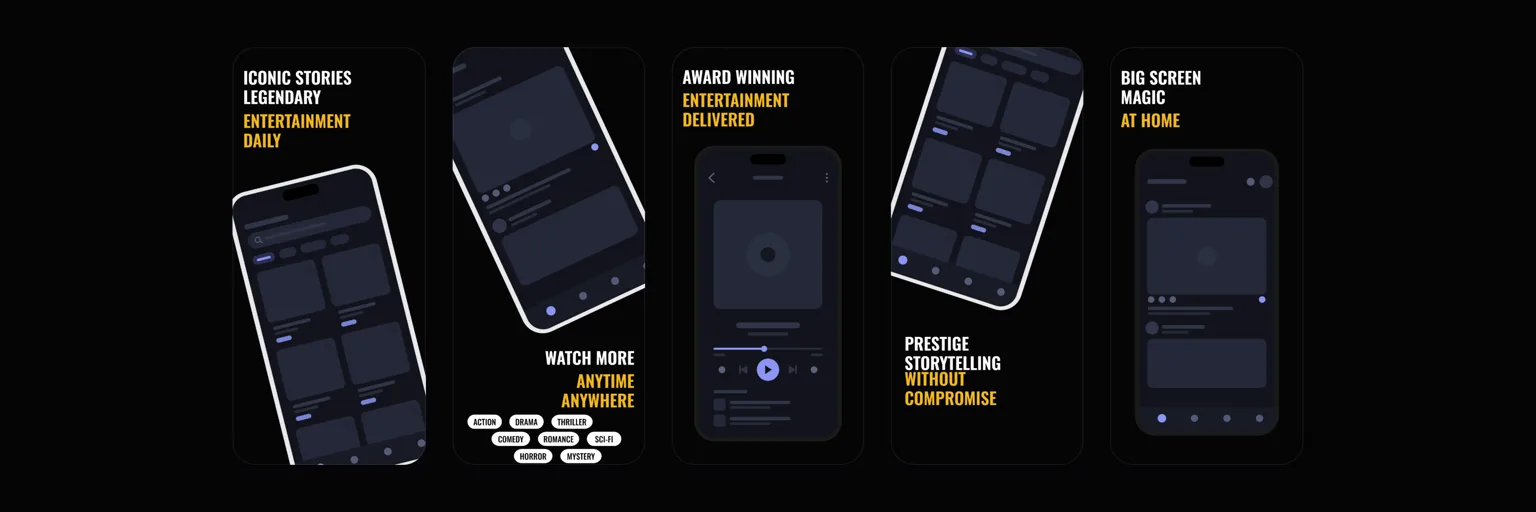 A dark streaming app screenshot set with gold headlines