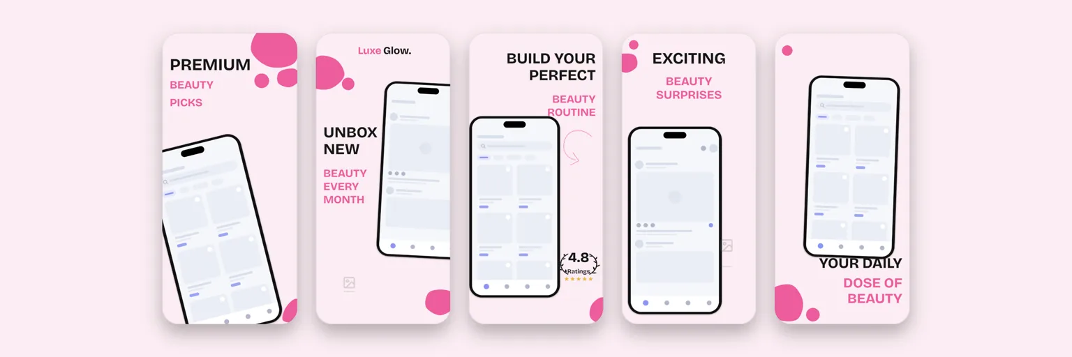 A soft pink screenshot set for a beauty subscription app