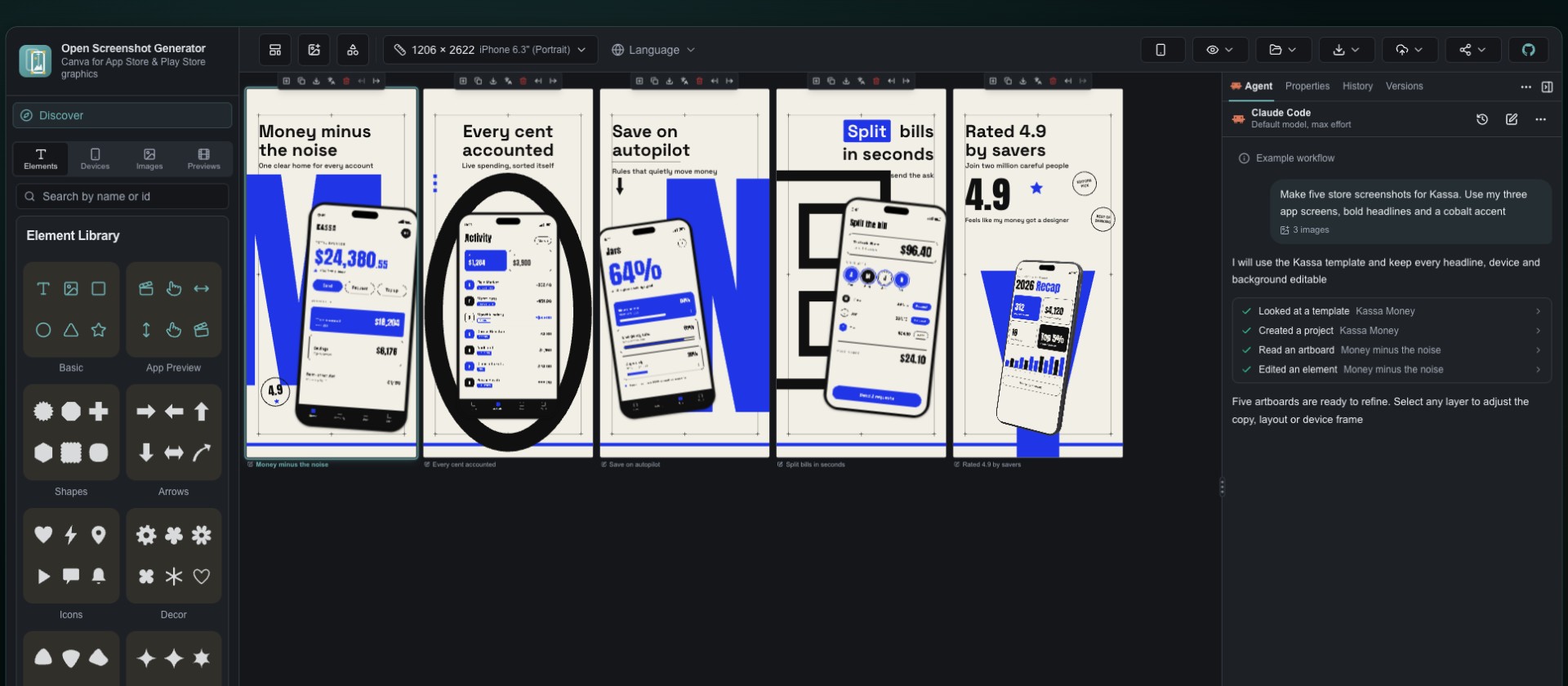 Open Screenshot Generator desktop editor with a finance screenshot project and the Claude Code agent beside the canvas